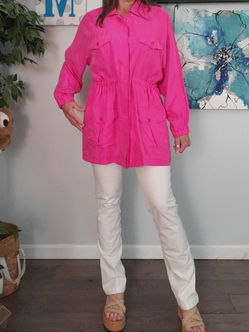 FOUR SEASONS Vintage 100% Silk Hot Pink Lightweight Trench 6